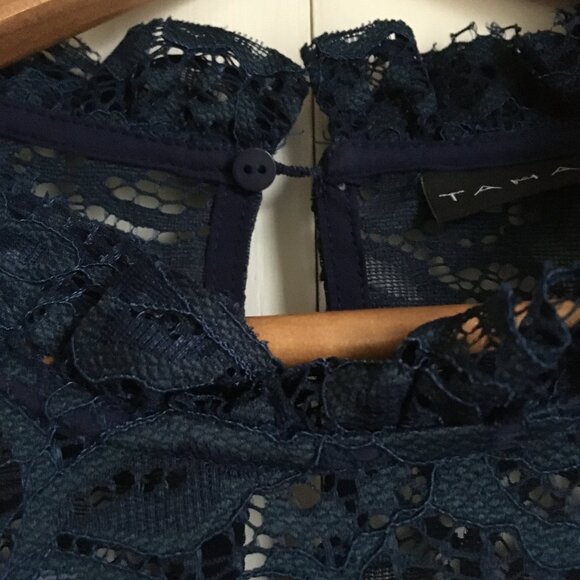 Tahari Navy Blue Lacy Bell Sleeve Lolita Babydoll Dress - Picture 6 of 16